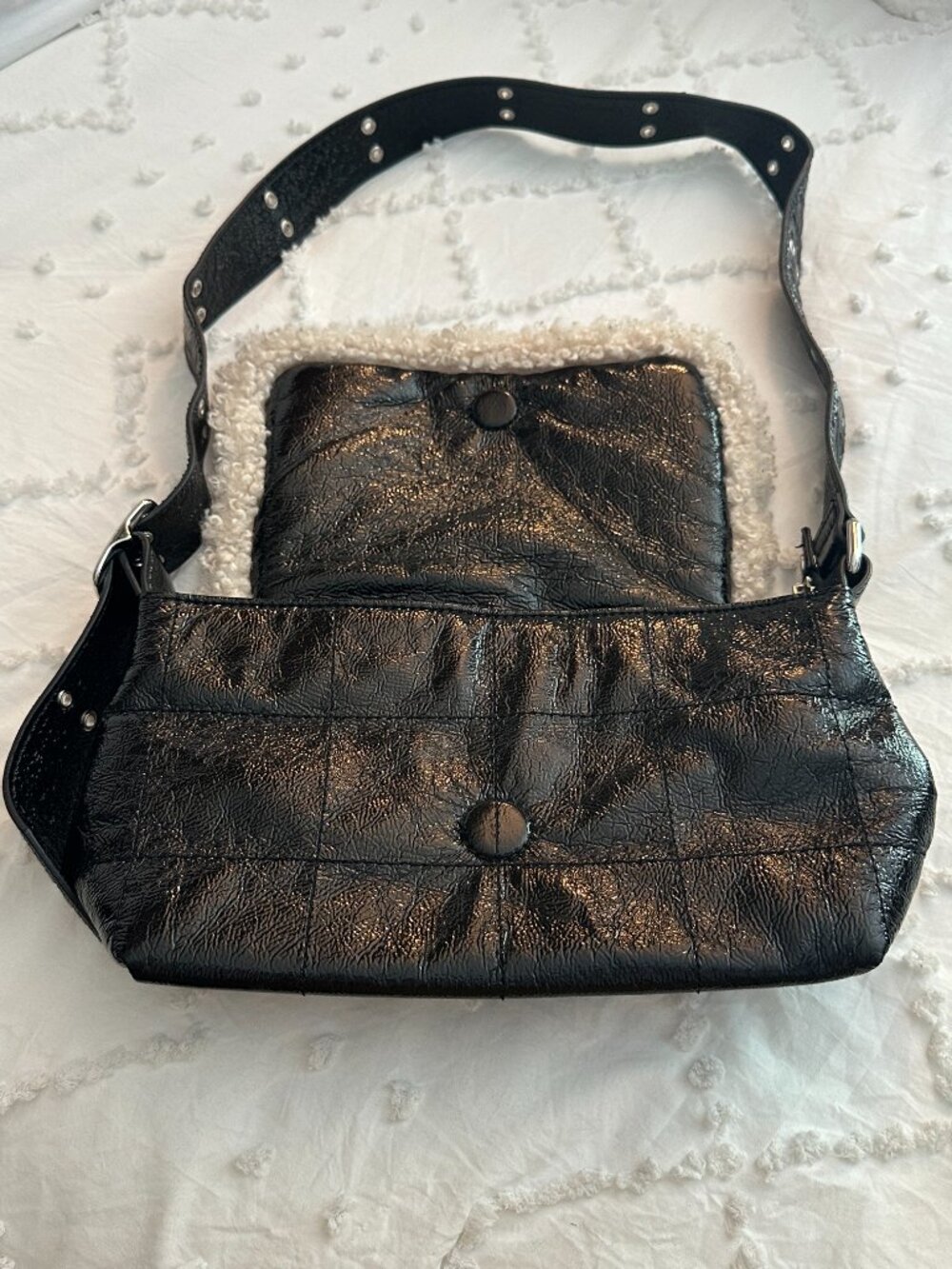 Topshop Y2K Black Faux Leather Sherpa Trim Baguette Shoulder Bag - Picture 3 of 11